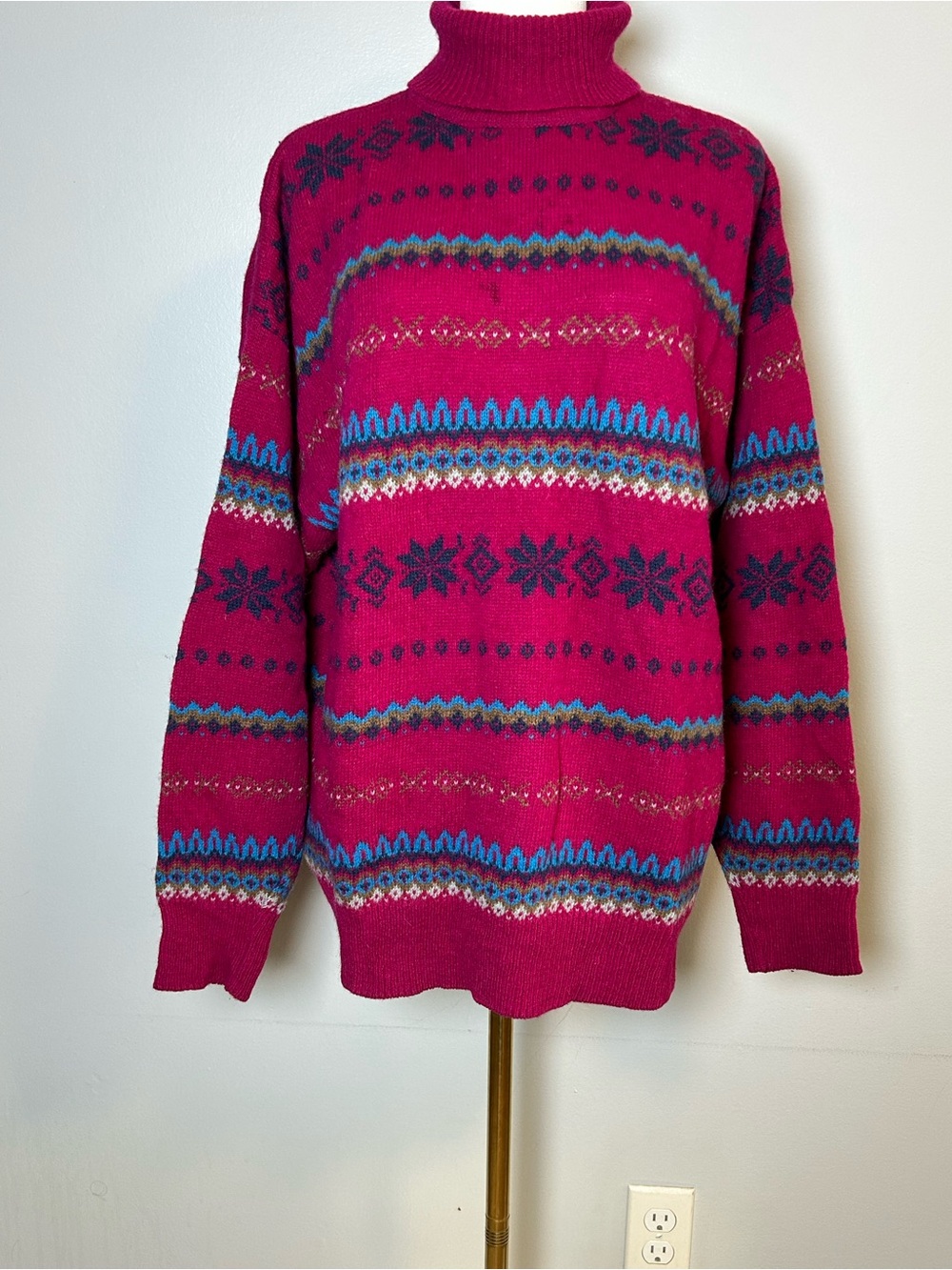 Vintage IMC Italian 100% wool fair isle turtleneck sweater pink size XL Italy